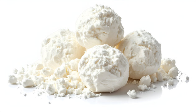 Pristine exquisite macro food photography capturing a neat pile of rough textured pure white powder lumps or dough.