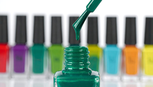 Emerald green nail polish dripping from a brush into a glass bottle featuring thick glossy liquid textures and vibrant colorful backgrounds generative AI