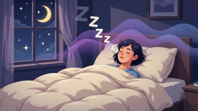 Cozy 2D vector illustration animation. A person sleeping peacefully in a comfortable bed, covered in a fluffy blanket. Outside the window, a crescent moon and twinkling stars