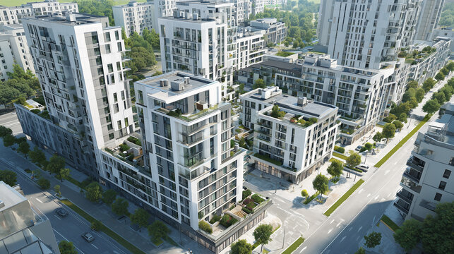 Aerial view of a modern residential complex with contemporary white apartment buildings and green rooftops.