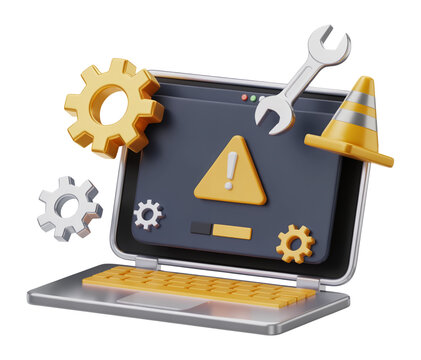 3D Computer Maintenance Concept with Laptop Warning Screen and Repair Tools
