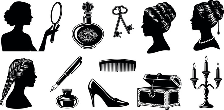 Collection of vintage female silhouettes and elegant beauty accessories featuring perfume bottles, combs, jewelry boxes, and classic decor elements
