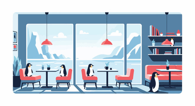 Penguins enjoying a cozy cafe with a scenic snowy mountain view.
