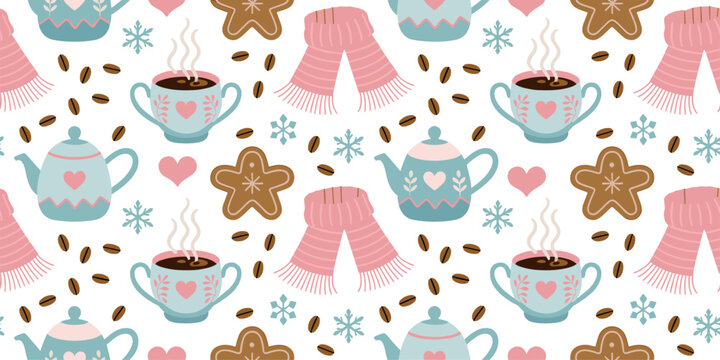 Seamless pattern with cute coffee cups, teapots, gingerbread cookies, winter scarves, and snowflakes for cozy seasonal background designs