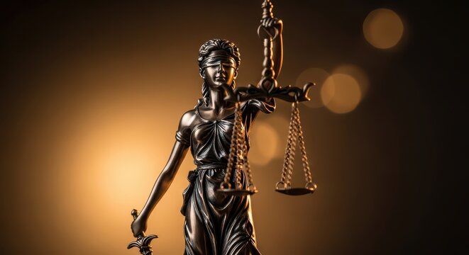 Bronze Lady Justice Statue with Scales and Sword on Dark Background with Bokeh Lights for Legal and Law Concepts