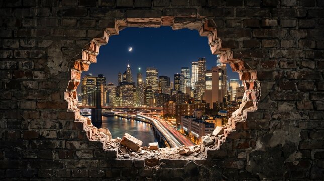 New York City skyline seen through a hole in a brick wall at night