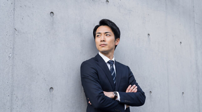 コンクリート壁にもたれ腕を組むビジネスマン。アジア人、日本人