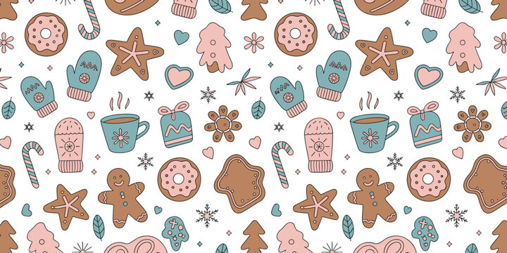 Seamless pattern featuring cute gingerbread cookies, donuts, mittens, coffee, candy canes, and snowflakes for festive holiday background designs