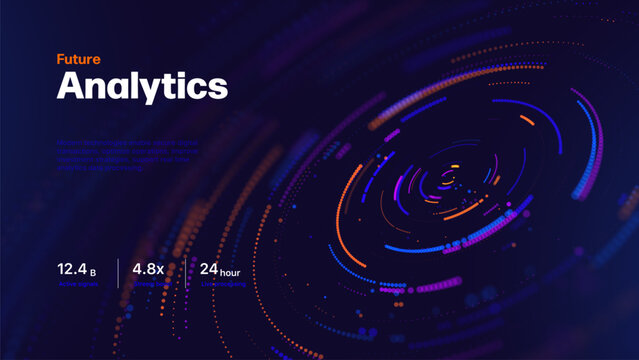 Big Data Analytics And Digital Transformation Concept With Neon Data Streams And Circular Visualization On Dark Background. Advanced Analytics Solution For Business Intelligence. Vector Illustration.