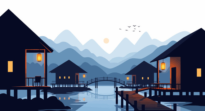 Stilt houses over water with a small bridge connecting them.
