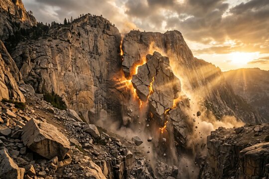 Massive rockfall and geological collapse at sunset