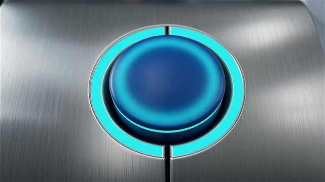 A close up shot of a matte deep blue button recessed into a metal panel pulsing and sinking with a bright turquoise flash