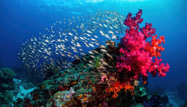 A vast school of tiny silver fish darts in unison around vibrant pink and red coral in a sunlit ocean reef ecosystem