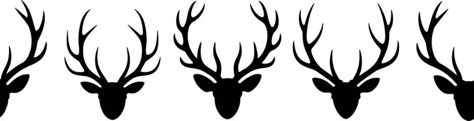 Black deer head silhouette seamless pattern with realistic antlers and stag horn elements for hunting backgrounds and textile design © Md