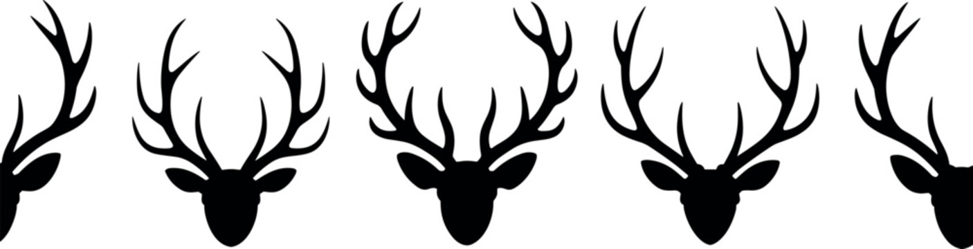 Black deer head silhouette seamless pattern with realistic antlers and stag horn elements for hunting backgrounds and textile design