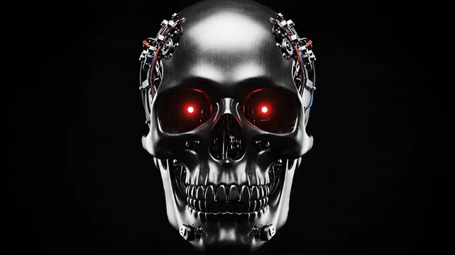 Robotic Metallic Skull with Glowing Red Eyes and Glitch Effects