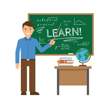 Male teacher with pointer at blackboard with math equations
