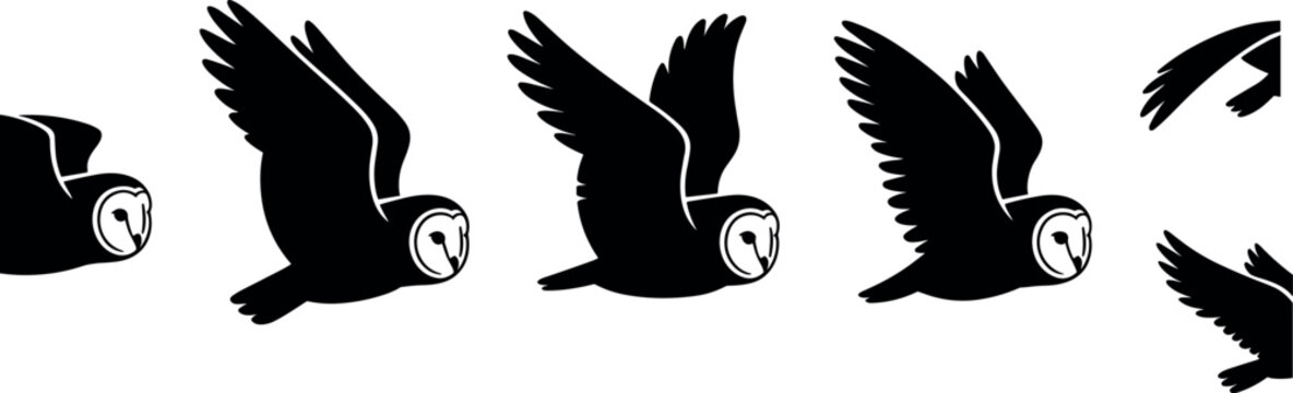 Black flying barn owl silhouette seamless pattern with spread wings for nature wild bird background and nocturnal wildlife design concepts