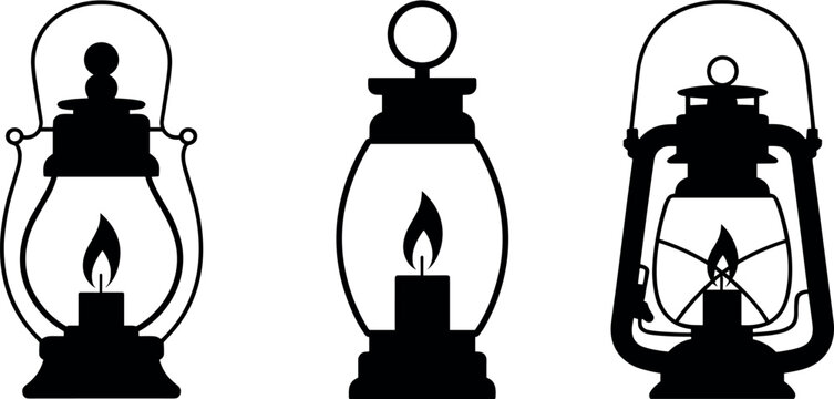 Black vintage lantern silhouette icons set with burning candle flame elements for camping adventure and retro lighting design concepts
