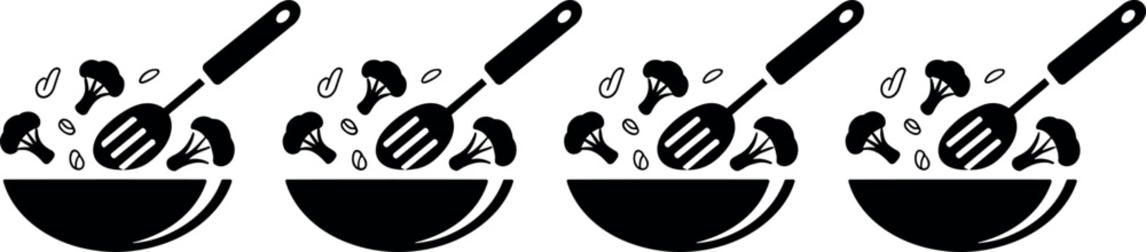 Black cooking pan silhouette seamless pattern with vegetable broccoli and spatula elements for healthy food culinary kitchen backgrounds