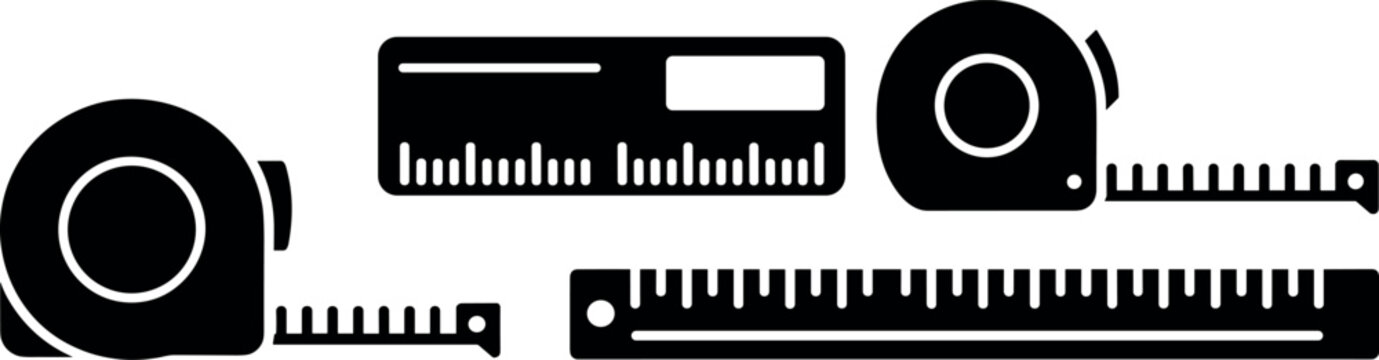 Black measuring tape and ruler silhouette icons set with length scale elements for construction engineering and tailoring tool designs