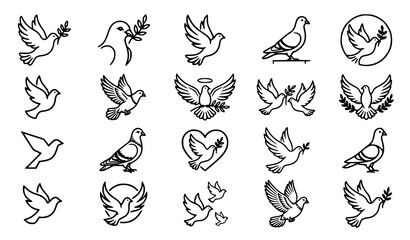 Obraz premium Peace Dove and Flying Bird Icon Set Featuring Winged Animal Symbols, Freedom Concepts and Decorative Black Outline Vector Illustration Collection