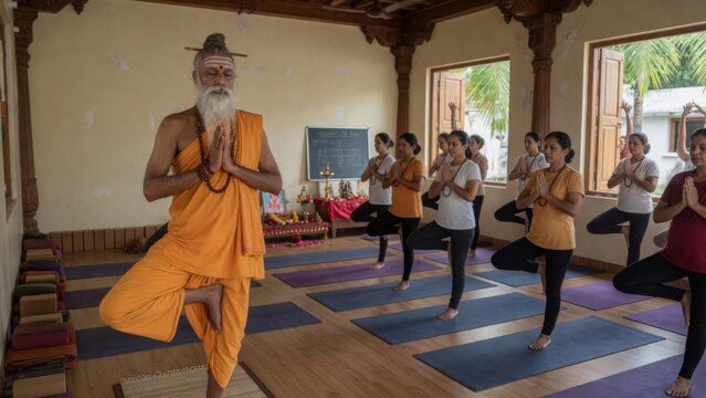 Ancient yogi teaching tree pose in a group yoga class, one foot balanced on the leg while students practice behind, creating a focused spiritual wellness studio scene, ideal for mindful fitness
