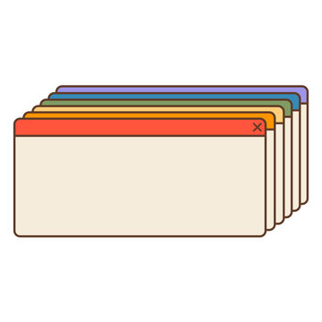 Retro Y2K computer user interface windows stacked in a cascading rainbow order isolated on white background. Nostalgic 90s operating system popups layout for LGBTQ pride month. Vector.