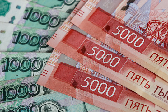 Close up of Russian ruble banknotes background