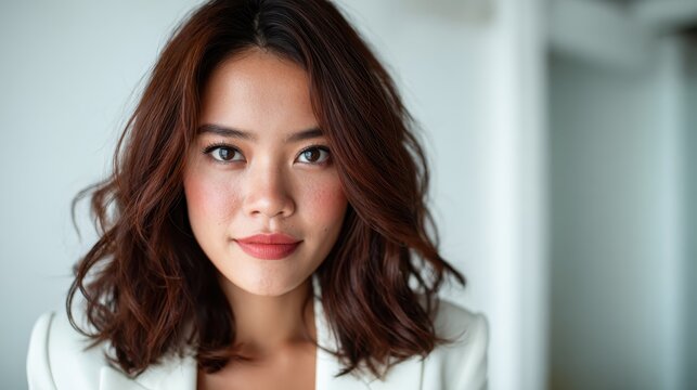 A confident young woman with beautiful wavy hair, dressed in a stylish white blazer, exuding elegance and charisma in a modern, bright setting that radiates positivity.