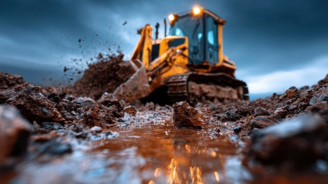 A powerful bulldozer digs through muddy terrain under an ominous dark sky, showcasing the intense power of machinery and resilience in challenging conditions.