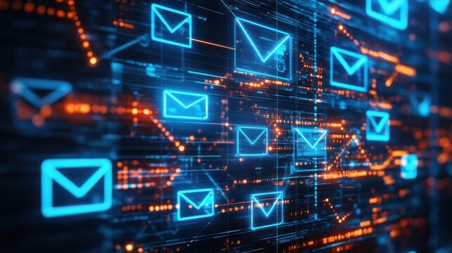 Digital email and communication concept with glowing envelope icons on abstract tech background