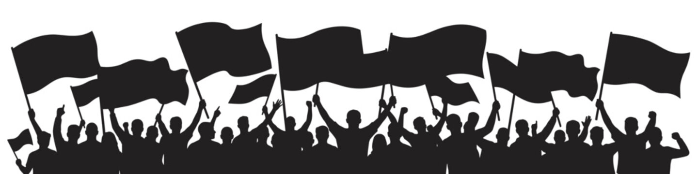 crowd of people waving large flags silhouette on transparent background