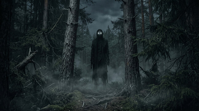 Mysterious figure in dark robes standing in a misty forest with glowing eyes