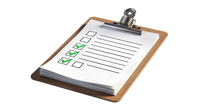 Brown wooden clipboard with a white paper stack featuring green check marks for task management rendered as a high quality professional object on transparent background