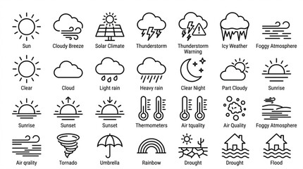 Fototapeta premium Comprehensive set of diverse weather and climate web icons in clean line style, illustrating various atmospheric phenomena and environmental conditions for digital interfaces.