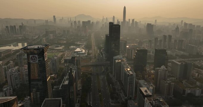 Aerial footage of downtown landscape in shenzhen city, China