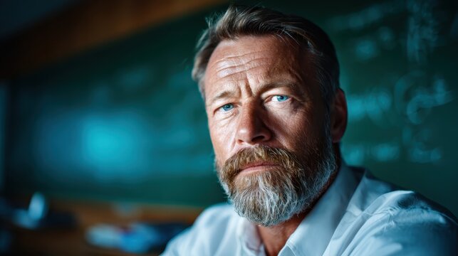 A thoughtful portrait of a distinguished male educator with a well-groomed beard, showcasing a passionate expression that reflects wisdom and a deep commitment to teaching.