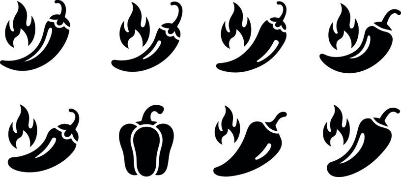 Hot chili pepper and bell pepper black silhouette vector icon set featuring spicy flame symbolsHot chili pepper and bell pepper black silhouette vector icon set featuring spicy flame symbols