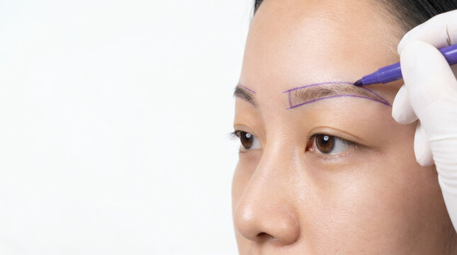 Close-up of a doctor's hand in a sterile white glove using a surgical marker to draw a purple outline framework for an eyebrow design on an Asian female patient's face before a hair transplant procedu