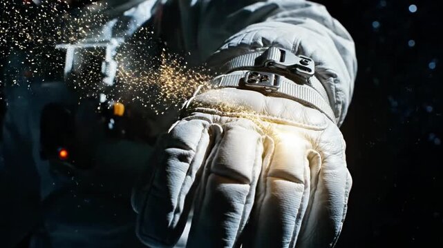 A close-up of a gloved hand in a spacesuit with a bright light shining on it