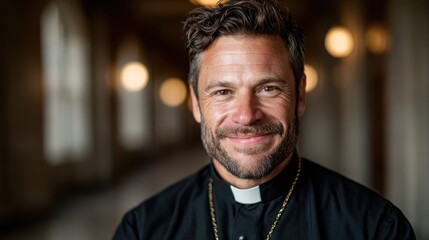 Obraz premium A friendly man in clerical attire, exuding warmth and approachability, stands in a softly lit corridor, symbolizing guidance, faith, and connection to spirituality.