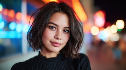 Obraz premium A stylish young woman poses confidently in a vibrant nightlife setting with colorful neon lights, reflecting youthful energy and contemporary urban fashion.
