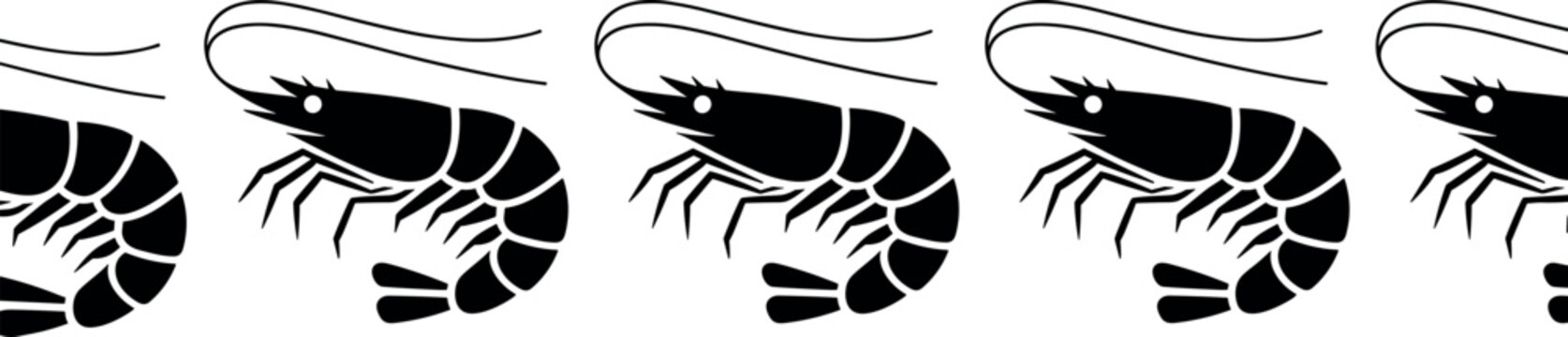 Seamless shrimp border vector pattern silhouette for seafood restaurant menus marine product packaging and kitchen decorative design elements