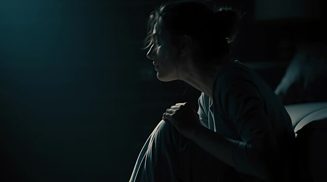 A woman sits alone in the dark, looking thoughtful and contemplative.