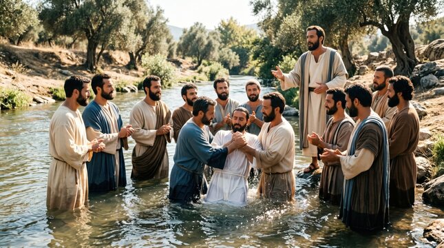 Apostle Paul baptizing a disciple in a river with witnesses. Biblical scene from Acts regarding baptism of believers in Ephesus. Religious group ritual in nature, Christian tradition.