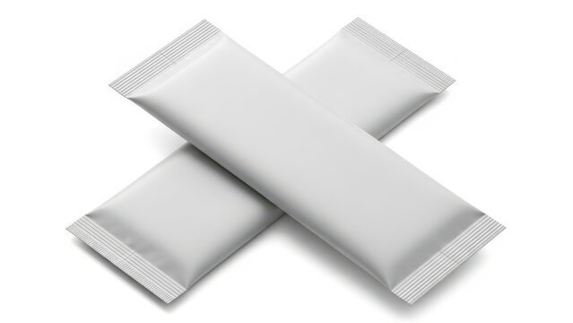 Two white packets of sugar substitute placed in an x shape on a white background.