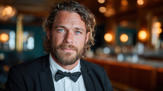 A dapper man in a tuxedo with curly hair and blue eyes poses at a lavish venue, exuding charm and charisma in a luxurious atmosphere filled with warm lighting.