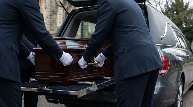 Professional funeral service staff loading a polished wooden casket into a hearse, symbolizing dignified funeral transport, mourning and final farewell.