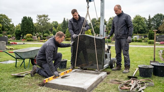Funeral memorial service workers installing a black granite headstone on a concrete foundation in a cemetery, using lifting equipment and a level for precise grave marker placement.